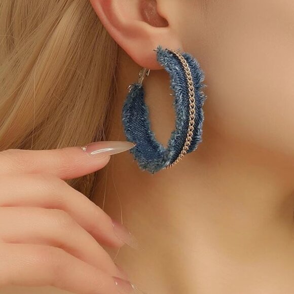 Denim Circle Hoop Earrings with Gold Chain – Handmade Boho Statement Jewelry - Picture 3 of 5